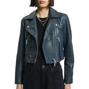 NEW, AllSaints Elora Crop Leather Biker Jacket in Midnight Blue US 6 #SJ2188